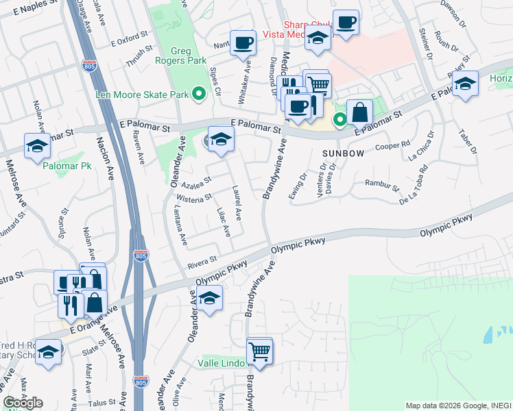 map of restaurants, bars, coffee shops, grocery stores, and more near 1464 Owen Drive in Chula Vista
