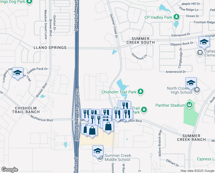 map of restaurants, bars, coffee shops, grocery stores, and more near Summer Creek Drive in Fort Worth