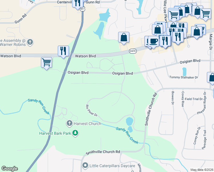 map of restaurants, bars, coffee shops, grocery stores, and more near 150 Rio Pinar Drive in Warner Robins