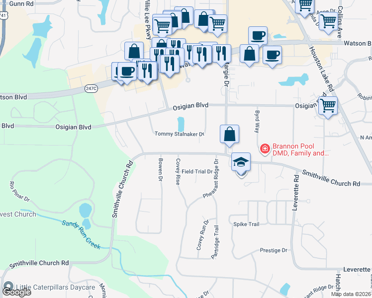 map of restaurants, bars, coffee shops, grocery stores, and more near 101 Covey Rise in Warner Robins