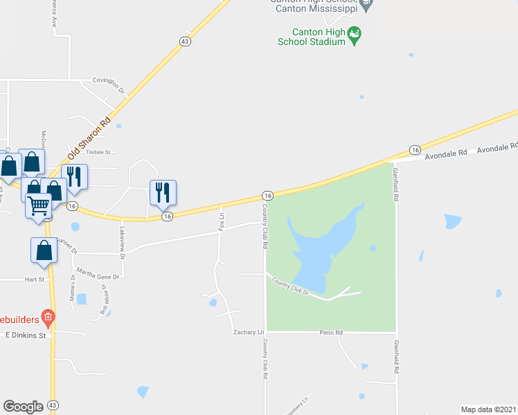 map of restaurants, bars, coffee shops, grocery stores, and more near 114 Country Club Road in Canton
