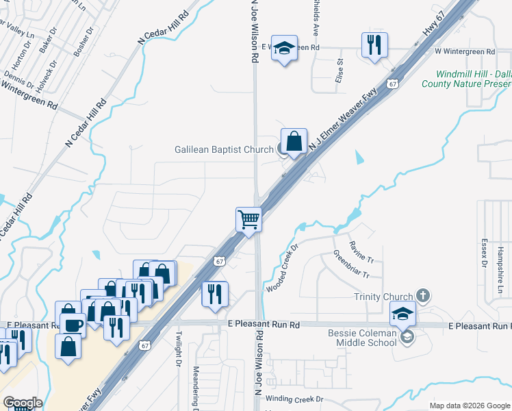 map of restaurants, bars, coffee shops, grocery stores, and more near 1003 North Joe Wilson Road in Cedar Hill