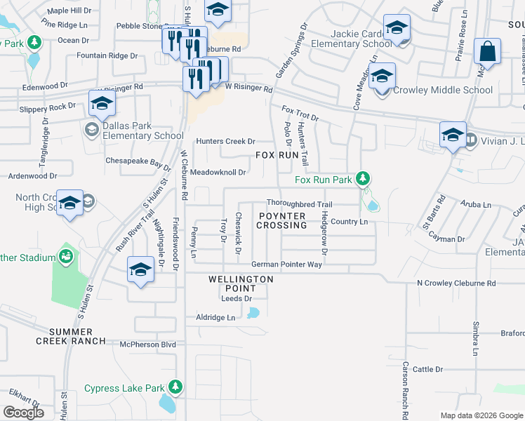 map of restaurants, bars, coffee shops, grocery stores, and more near 9104 Garden Springs Drive in Fort Worth