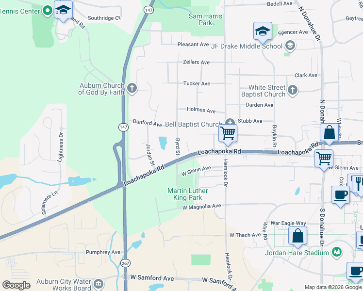 map of restaurants, bars, coffee shops, grocery stores, and more near 308 Byrd Street in Auburn