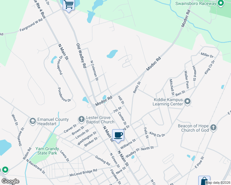 map of restaurants, bars, coffee shops, grocery stores, and more near 310 Modoc Road in Swainsboro