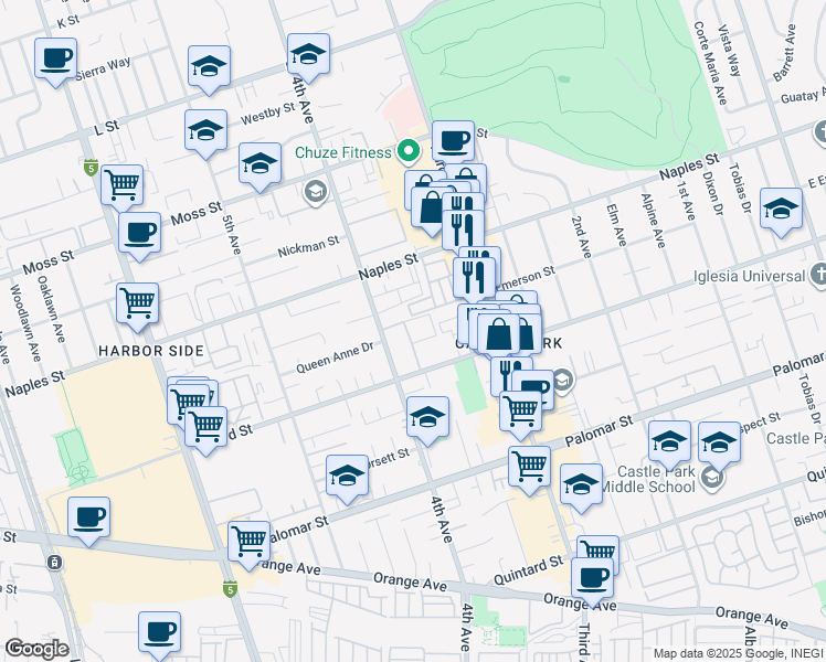 map of restaurants, bars, coffee shops, grocery stores, and more near 350 Oxford Street in Chula Vista