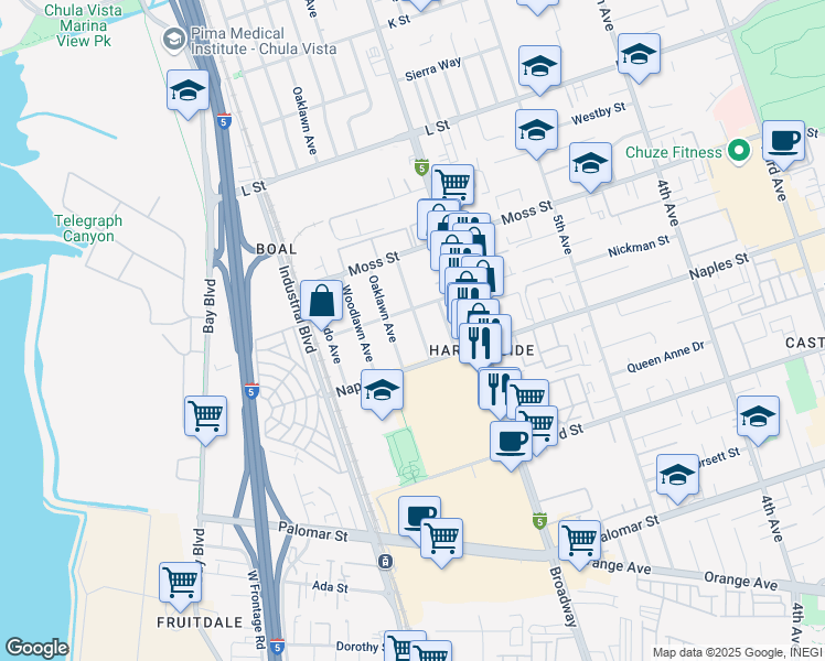 map of restaurants, bars, coffee shops, grocery stores, and more near 1090 Jefferson Avenue in Chula Vista