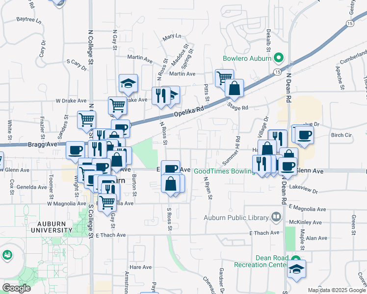 map of restaurants, bars, coffee shops, grocery stores, and more near 221 North Debardeleben Street in Auburn