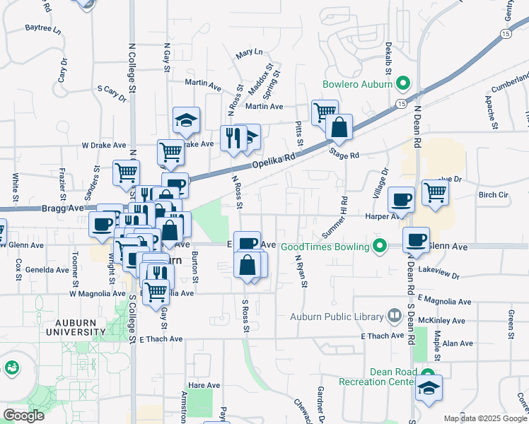 map of restaurants, bars, coffee shops, grocery stores, and more near 210 North Ross Street in Auburn