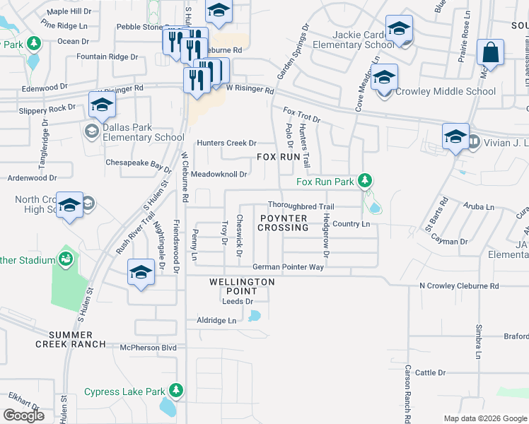 map of restaurants, bars, coffee shops, grocery stores, and more near 9104 Garden Springs Drive in Fort Worth