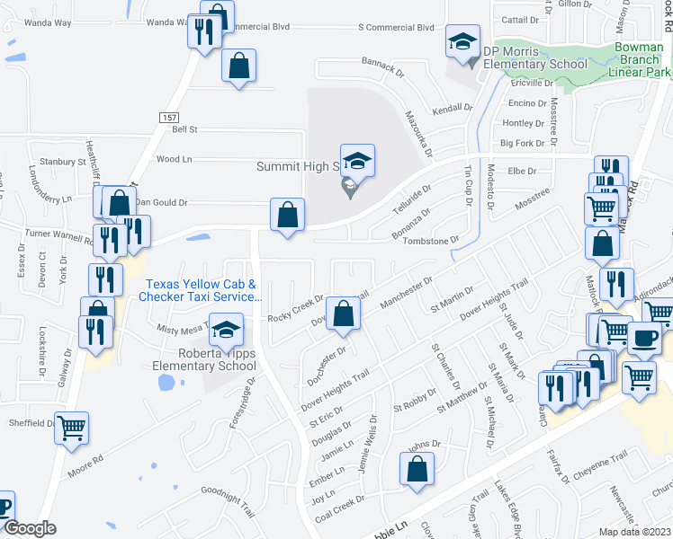 map of restaurants, bars, coffee shops, grocery stores, and more near 3206 Winding Ridge Circle in Mansfield