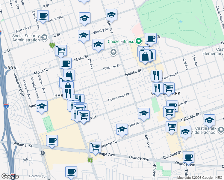 map of restaurants, bars, coffee shops, grocery stores, and more near 470 Queen Anne Drive in Chula Vista