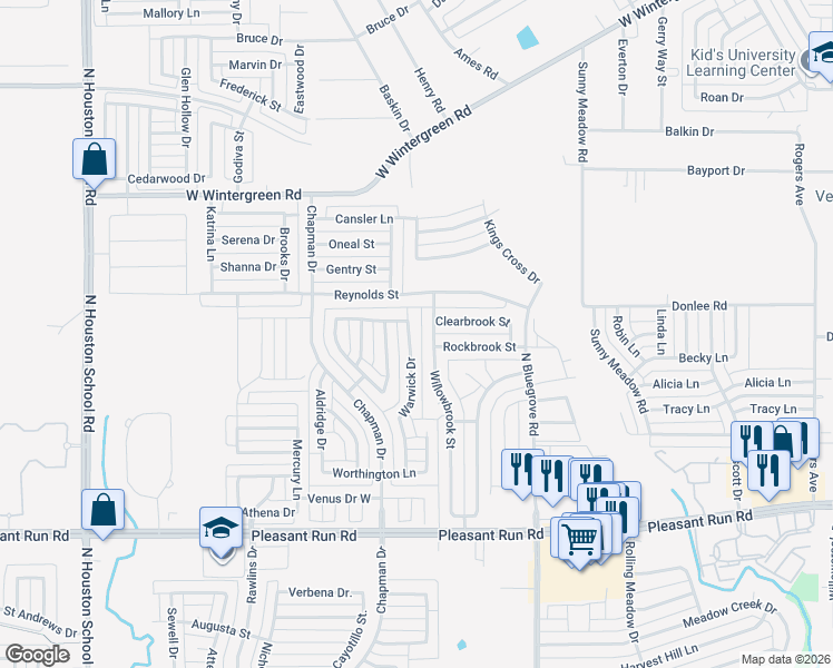 map of restaurants, bars, coffee shops, grocery stores, and more near 1545 Warwick Drive in Lancaster