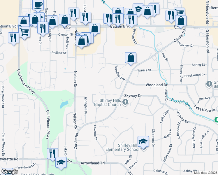 map of restaurants, bars, coffee shops, grocery stores, and more near 60 Skyway Drive in Warner Robins