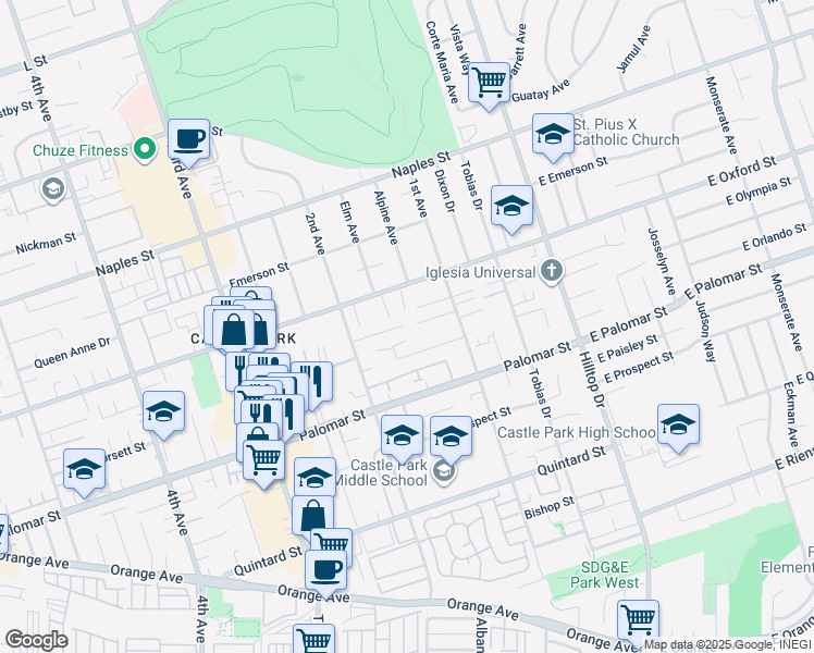 map of restaurants, bars, coffee shops, grocery stores, and more near 152 Leoma Lane in Chula Vista
