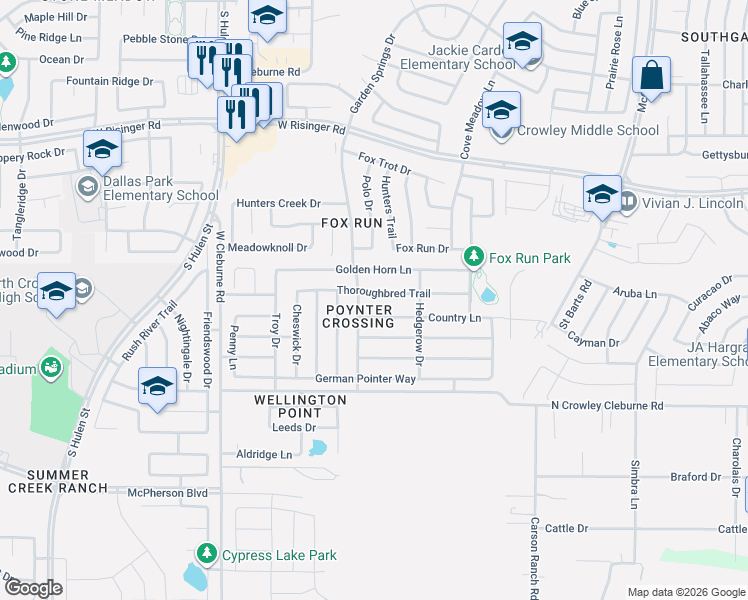 map of restaurants, bars, coffee shops, grocery stores, and more near 4009 Country Lane in Fort Worth