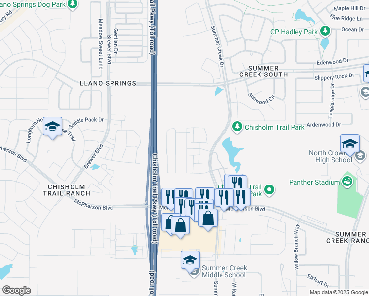 map of restaurants, bars, coffee shops, grocery stores, and more near Chisholm Trail Parkway in Fort Worth