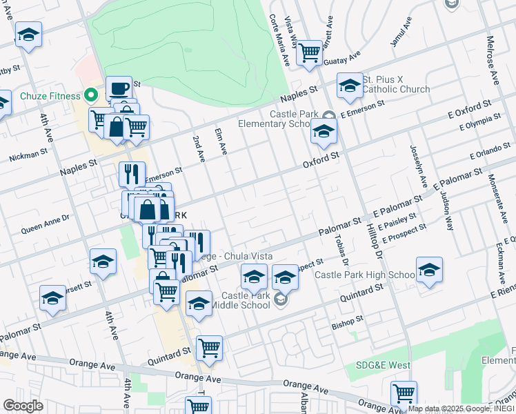 map of restaurants, bars, coffee shops, grocery stores, and more near 152 Leoma Lane in Chula Vista