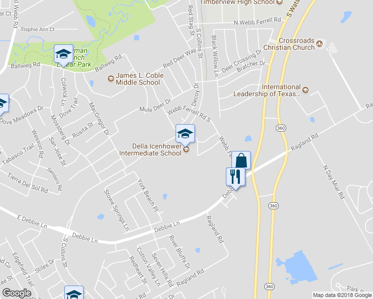 map of restaurants, bars, coffee shops, grocery stores, and more near 8100 Webb Ferrell Road in Arlington