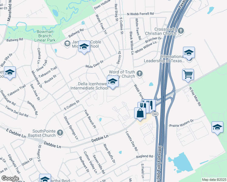 map of restaurants, bars, coffee shops, grocery stores, and more near 8100 Webb Ferrell Road in Arlington