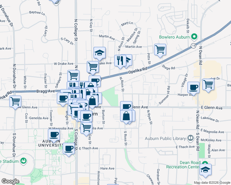 map of restaurants, bars, coffee shops, grocery stores, and more near 327 North Ross Street in Auburn