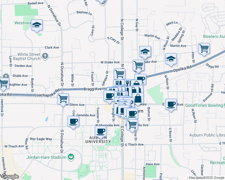 map of restaurants, bars, coffee shops, grocery stores, and more near 146 Bragg Avenue in Auburn