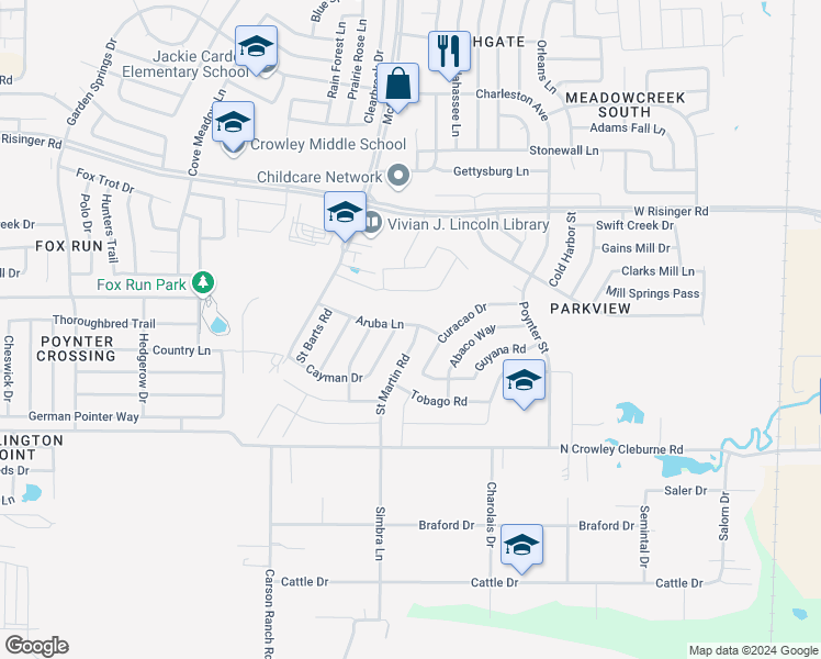 map of restaurants, bars, coffee shops, grocery stores, and more near 3404 Aruba Lane in Fort Worth