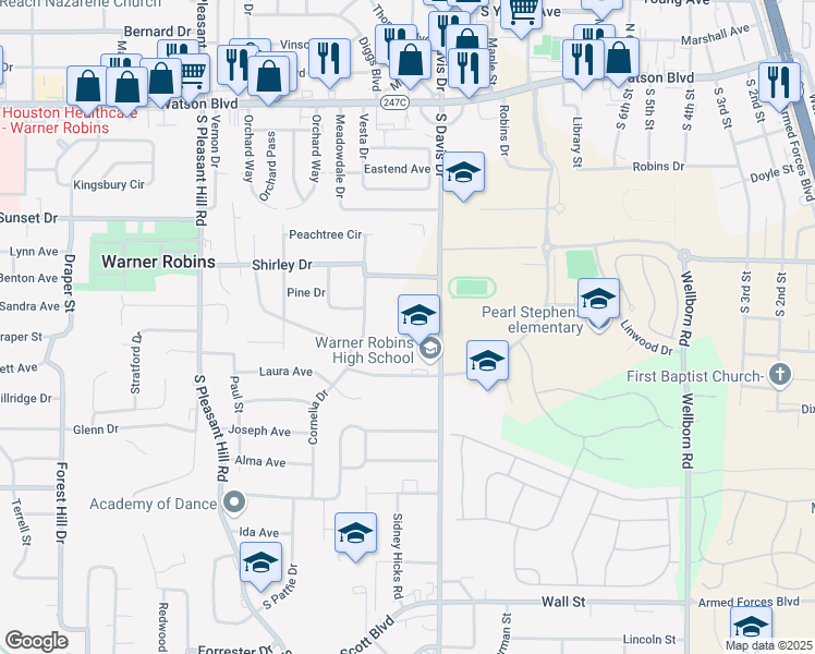 map of restaurants, bars, coffee shops, grocery stores, and more near 401 South Davis Drive in Warner Robins