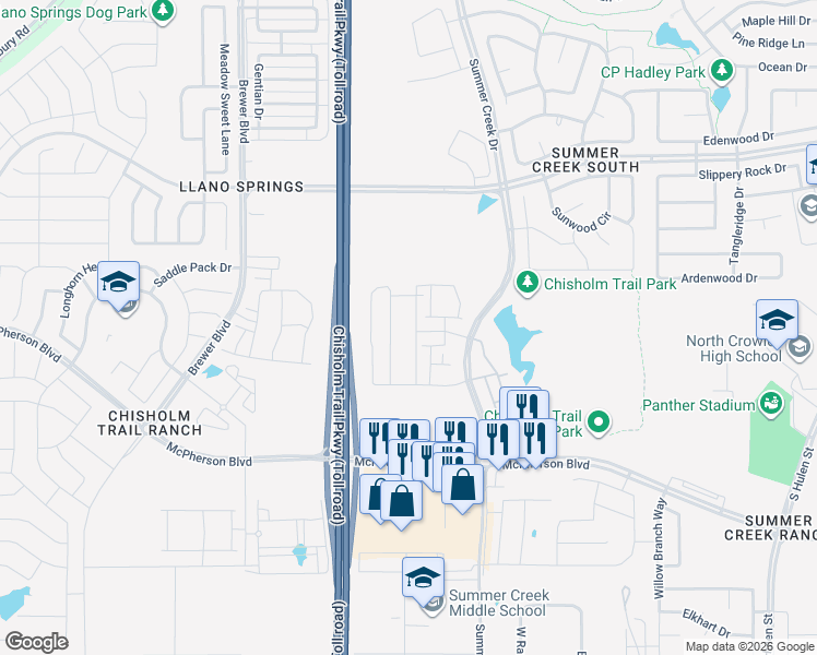 map of restaurants, bars, coffee shops, grocery stores, and more near 9100 Summit Ridge Road in Fort Worth