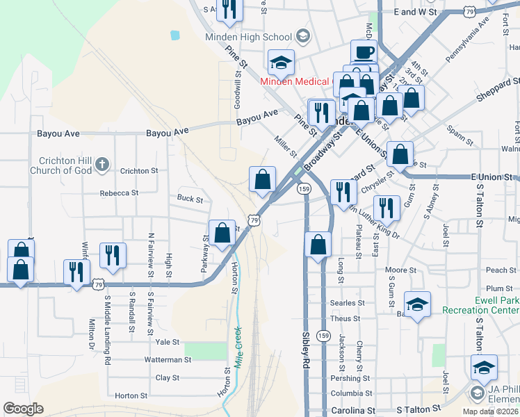map of restaurants, bars, coffee shops, grocery stores, and more near 129-215 Main St in Minden