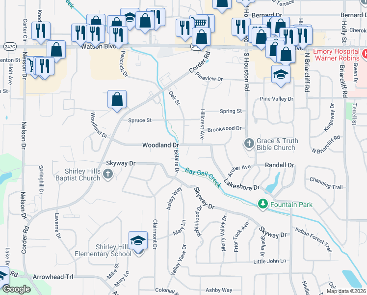 map of restaurants, bars, coffee shops, grocery stores, and more near 308 Oak Street in Warner Robins