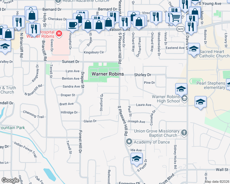 map of restaurants, bars, coffee shops, grocery stores, and more near 101 Pleasant Hill Court in Warner Robins