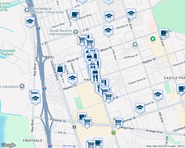 map of restaurants, bars, coffee shops, grocery stores, and more near 1055 Madison Avenue in Chula Vista