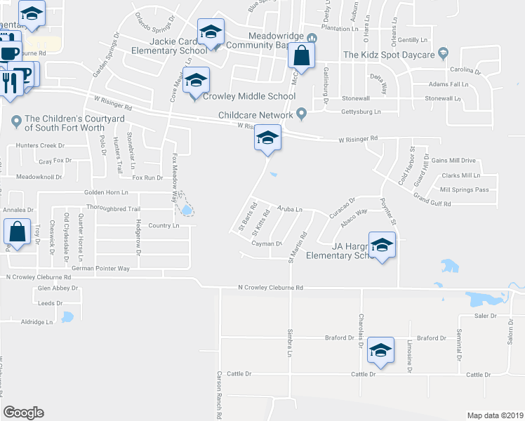 map of restaurants, bars, coffee shops, grocery stores, and more near 3520 Aruba Lane in Fort Worth