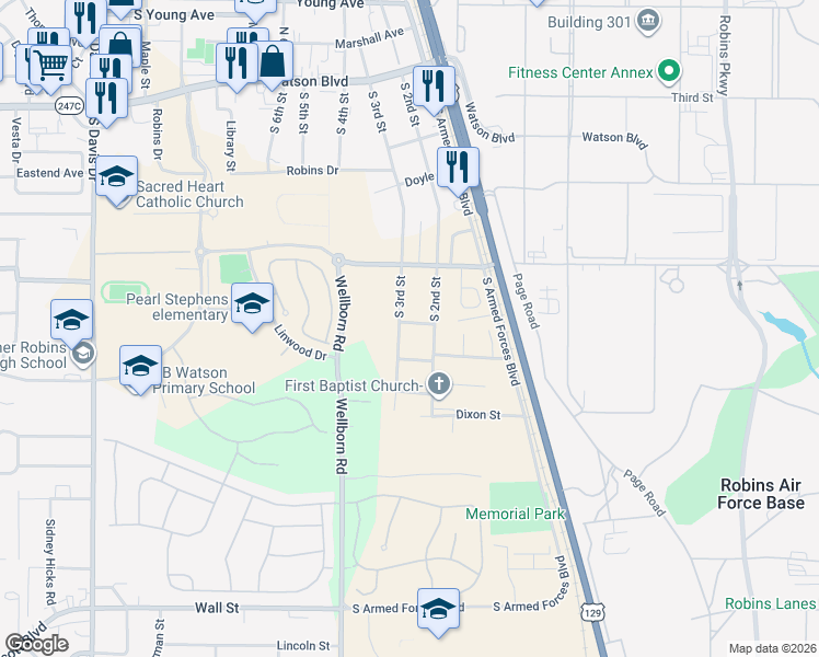 map of restaurants, bars, coffee shops, grocery stores, and more near 514 South 3rd Street in Warner Robins
