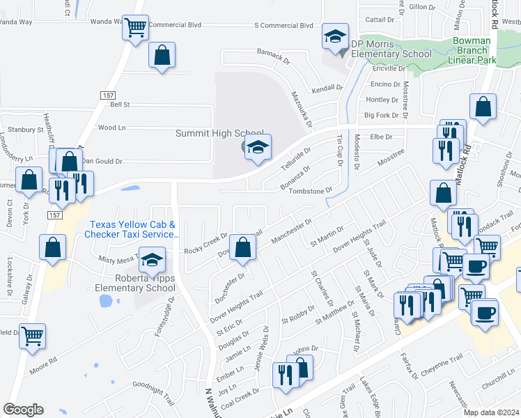 map of restaurants, bars, coffee shops, grocery stores, and more near 3236 Winding Ridge Circle in Mansfield