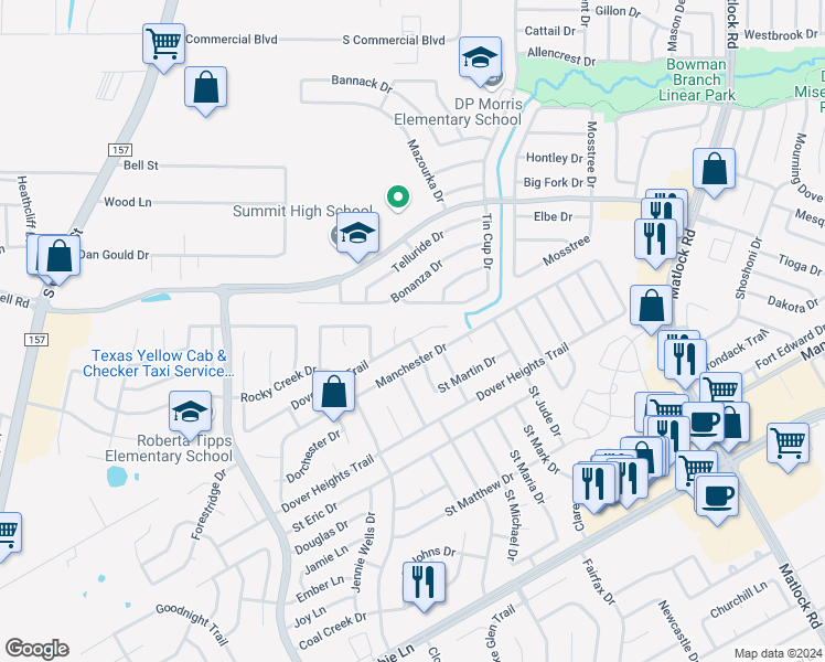 map of restaurants, bars, coffee shops, grocery stores, and more near 801 Dover Park Trail in Mansfield