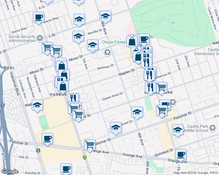 map of restaurants, bars, coffee shops, grocery stores, and more near 438 Weisser Way in Chula Vista