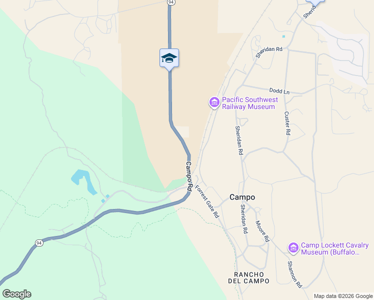 map of restaurants, bars, coffee shops, grocery stores, and more near Highway 94 in Campo