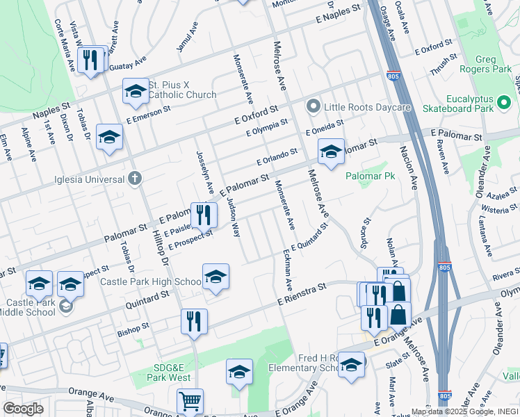 map of restaurants, bars, coffee shops, grocery stores, and more near 138 East Paisley Street in Chula Vista