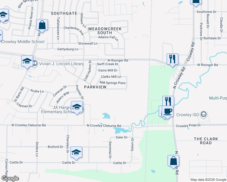 map of restaurants, bars, coffee shops, grocery stores, and more near 2608 Grand Gulf Road in Fort Worth