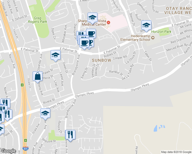 map of restaurants, bars, coffee shops, grocery stores, and more near Davies Drive & Sherman Drive in Chula Vista