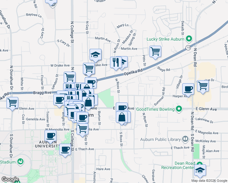 map of restaurants, bars, coffee shops, grocery stores, and more near 327 North Ross Street in Auburn