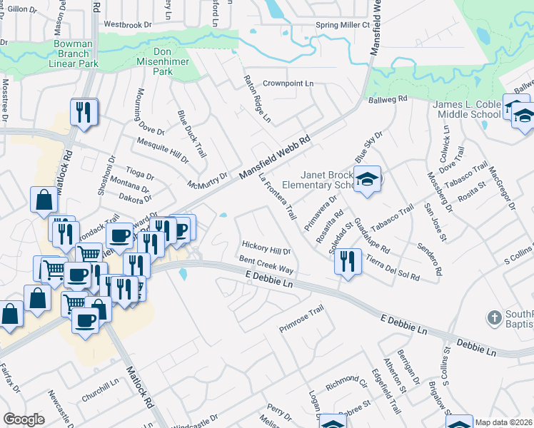 map of restaurants, bars, coffee shops, grocery stores, and more near 2107 Falcon Ridge Drive in Mansfield