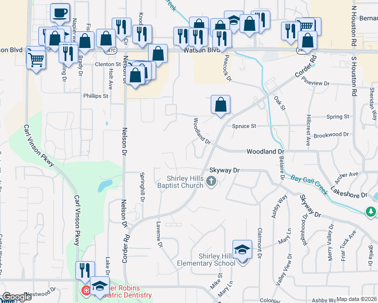 map of restaurants, bars, coffee shops, grocery stores, and more near 149 Wrights Mill Circle in Warner Robins
