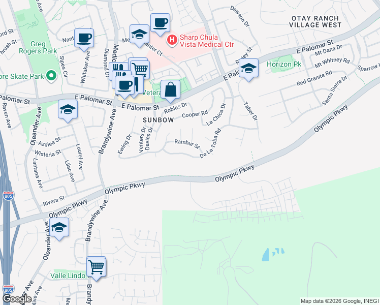 map of restaurants, bars, coffee shops, grocery stores, and more near 749 De La Toba Road in Chula Vista
