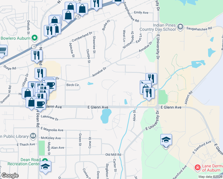 map of restaurants, bars, coffee shops, grocery stores, and more near 313 Hickorywoods Drive in Auburn