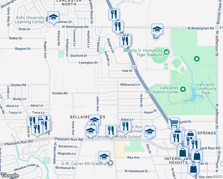map of restaurants, bars, coffee shops, grocery stores, and more near 702 Willowood Lane in Lancaster
