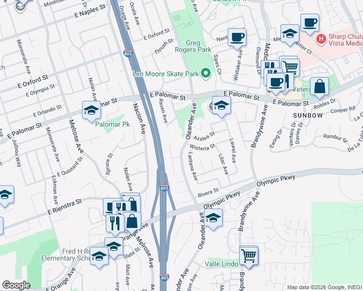 map of restaurants, bars, coffee shops, grocery stores, and more near 1408 Oleander Avenue in Chula Vista