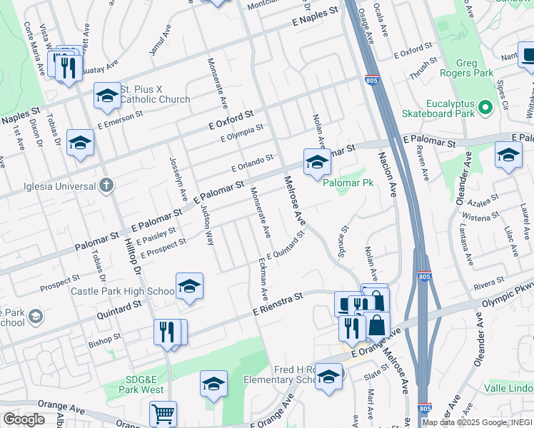 map of restaurants, bars, coffee shops, grocery stores, and more near 1321 Myra Court in Chula Vista